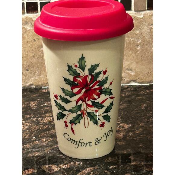 Lenox Holiday Christmas Tree Holly Coffee Mug Travel Double Wall Comfort & Joy - Picture 5 of 5
